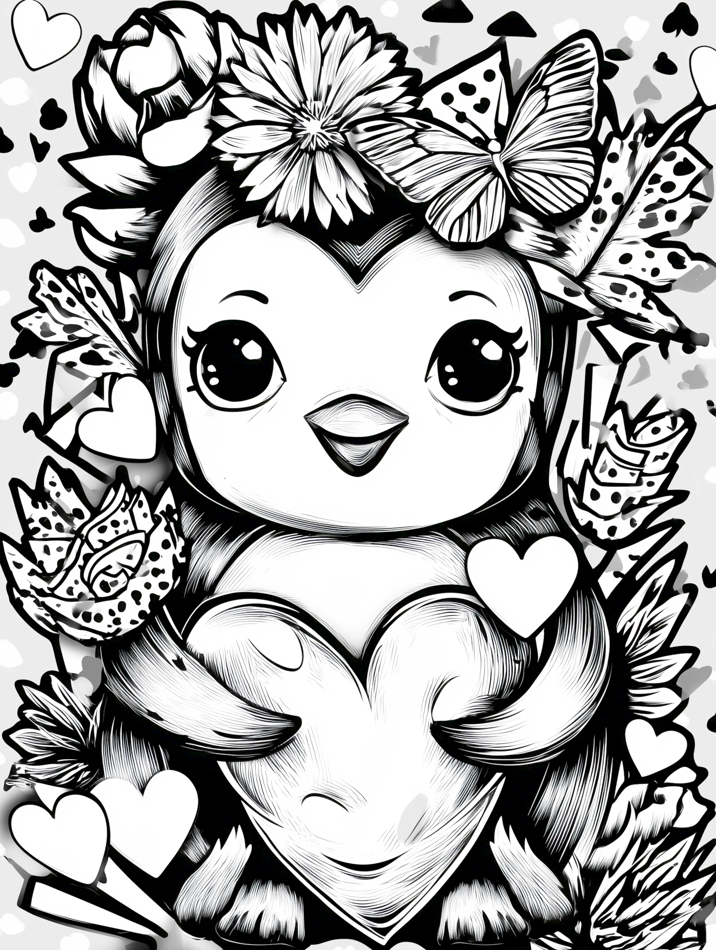 Free printable valentines coloring pages for adults featuring heart hugging penguin